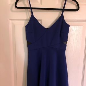 Navy blue v neck dress. black mesh detailing.